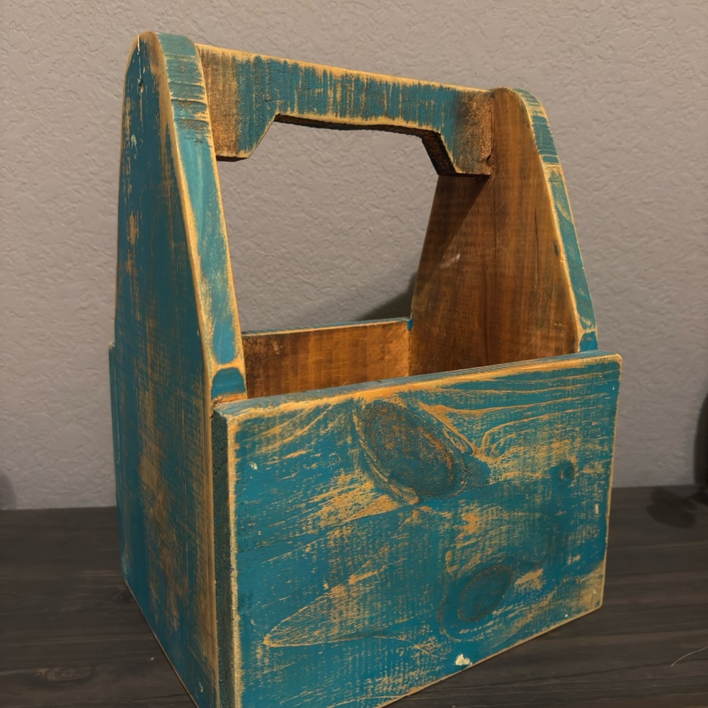 Rustic Wooden Caddy in Teal and Brown
